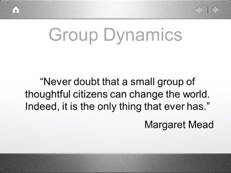 Group Dynamics “Never doubt that a small group of thoughtful citizens can change the world. Indeed, it is the only thing that ever has.” Margaret Mead.
