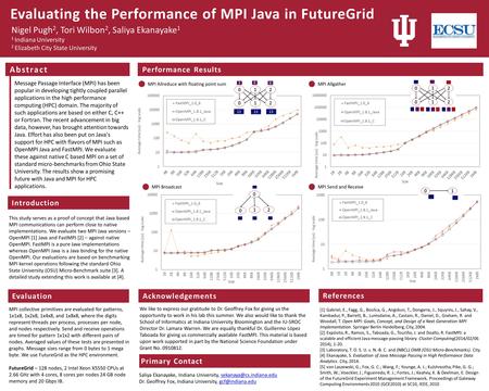 Evaluating the Performance of MPI Java in FutureGrid Nigel Pugh 2, Tori Wilbon 2, Saliya Ekanayake 1 1 Indiana University 2 Elizabeth City State University.