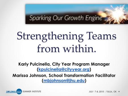 SUMMER INSTITUTEJULY 7-8, 2015 | TULSA, OK Strengthening Teams from within. Karly Pulcinella, City Year Program Manager