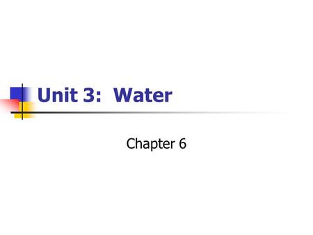 Unit 3: Water Chapter 6. Unit 3: Water Unit 3 Objectives: Understand the role and characteristics of water Knowledge of the concepts of transpiration.