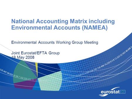 National Accounting Matrix including Environmental Accounts (NAMEA) Environmental Accounts Working Group Meeting Joint Eurostat/EFTA Group 19 May 2008.