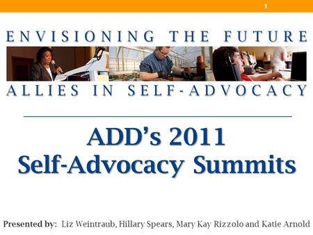 ADD’s 2011 Self-Advocacy Summits 1 Presented by: Liz Weintraub, Hillary Spears, Mary Kay Rizzolo and Katie Arnold.