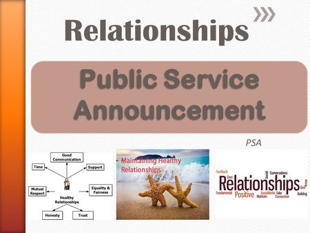 PSA Relationships. PSA is short for Public Service Announcement. They are commercials aimed at educating the general public about issues of concern.t.