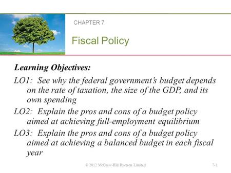 Learning Objectives: Fiscal Policy LO1: See why the federal government’s budget depends on the rate of taxation, the size of the GDP, and its own spending.