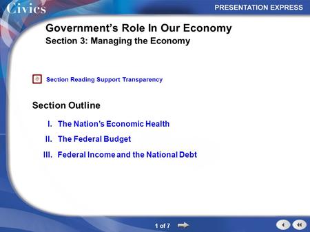 Section Outline 1 of 7 Government’s Role In Our Economy Section 3: Managing the Economy I.The Nation’s Economic Health II.The Federal Budget III.Federal.