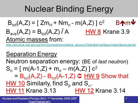Nuclear and Radiation Physics, BAU, 1 st Semester, 2006-2007 (Saed Dababneh). 1 Nuclear Binding Energy B tot (A,Z) = [ Zm H + Nm n - m(A,Z) ] c 2 B  m.