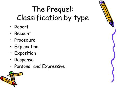 The Prequel: Classification by type Report Recount Procedure Explanation Exposition Response Personal and Expressive.