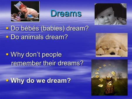DreamsDreams  Do bébés (babies) dream?  Do animals dream?  Why don’t people remember their dreams? remember their dreams?  Why do we dream?
