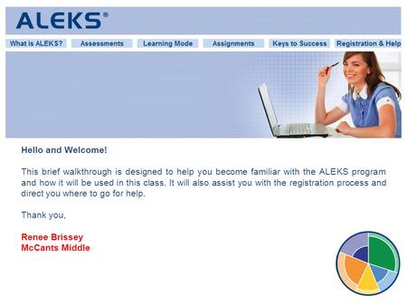 Hello and Welcome! This brief walkthrough is designed to help you become familiar with the ALEKS program and how it will be used in this class. It will.