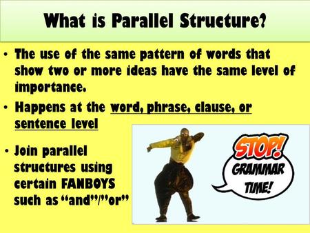 The use of the same pattern of words that show two or more ideas have the same level of importance. Happens at the word, phrase, clause, or sentence level.