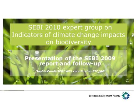 SEBI 2010 expert group on Indicators of climate change impacts on biodiversity Presentation of the SEBI 2009 report and follow-up Sophie Condé SEBI WG1.