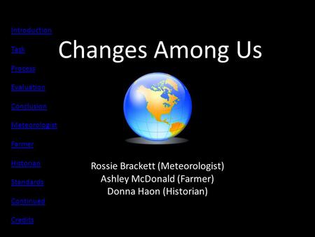 Changes Among Us Rossie Brackett (Meteorologist) Ashley McDonald (Farmer) Donna Haon (Historian) Introduction Task Process Evaluation Conclusion Meteorologist.