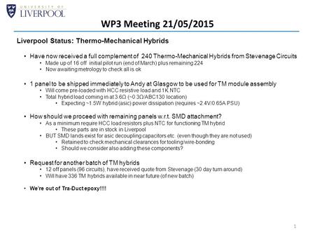 WP3 Meeting 21/05/2015 1 Liverpool Status: Thermo-Mechanical Hybrids Have now received a full complement of 240 Thermo-Mechanical Hybrids from Stevenage.