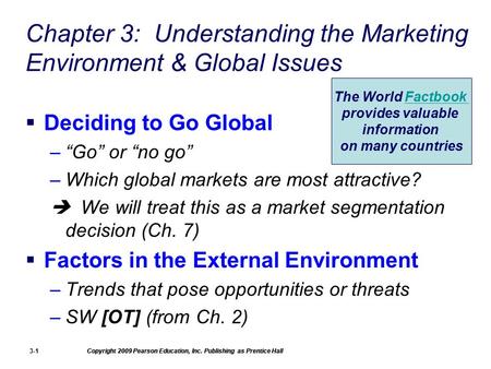 Copyright 2009 Pearson Education, Inc. Publishing as Prentice Hall 3-1 Chapter 3: Understanding the Marketing Environment & Global Issues  Deciding to.
