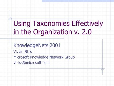 Using Taxonomies Effectively in the Organization v. 2.0 KnowledgeNets 2001 Vivian Bliss Microsoft Knowledge Network Group