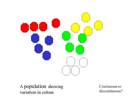 A population showing variation in colour. Continuous or discontinuous?
