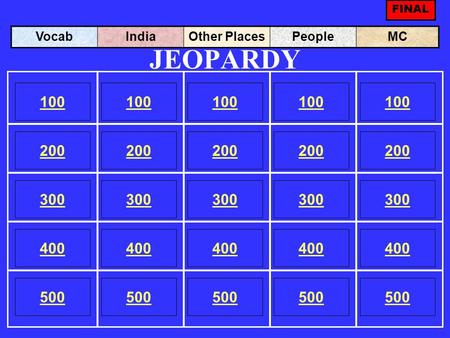 JEOPARDY 100 200 100 200 300 400 500 300 400 500 100 200 300 400 500 100 200 300 400 500 100 200 300 400 500 VocabIndiaOther PlacesPeopleMC FINAL.