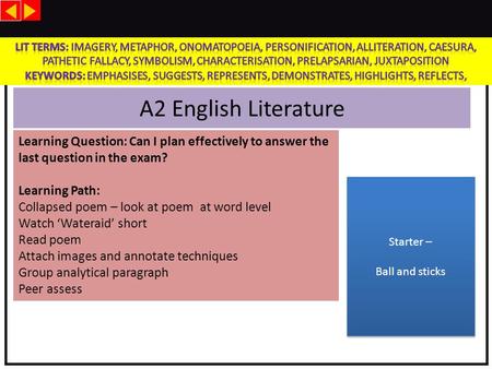 A2 English Literature Learning Question: Can I plan effectively to answer the last question in the exam? Learning Path: Collapsed poem – look at poem at.