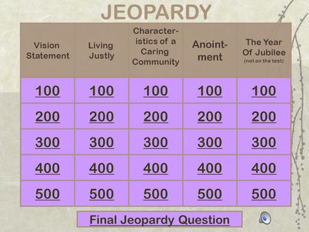 100 JEOPARDY 300 400 500 Vision Statement Final Jeopardy Question Living Justly The Year Of Jubilee (not on the test) Anoint- ment Character- istics of.