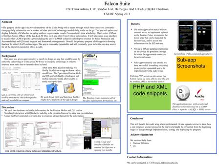 Falcon Suite C3C Frank Adkins, C3C Brandon Leet, Dr. Pargas, And Lt Col (Ret) Del Christman CSURF, Spring 2011 Results The main application syncs with.