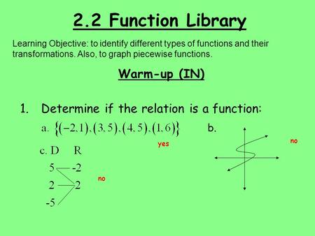 2.2 Function Library Learning Objective: to identify different types of functions and their transformations. Also, to graph piecewise functions. Warm-up.
