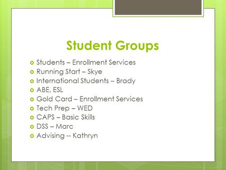 Student Groups  Students – Enrollment Services  Running Start – Skye  International Students – Brady  ABE, ESL  Gold Card – Enrollment Services 