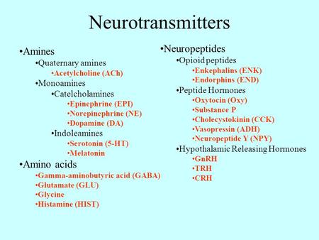 Neurotransmitters Neuropeptides Amines Amino acids Opioid peptides