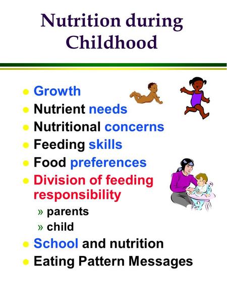 L Growth l Nutrient needs l Nutritional concerns l Feeding skills l Food preferences l Division of feeding responsibility »parents »child l School and.