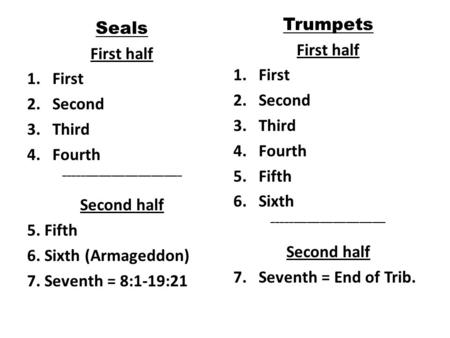 Seals First half 1.First 2.Second 3.Third 4.Fourth ___________________________ Second half 5. Fifth 6. Sixth (Armageddon) 7. Seventh = 8:1-19:21 Trumpets.