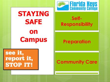 STAYING SAFE on Campus Self- Responsibility Preparation Community Care.