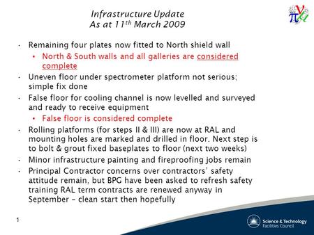 Infrastructure Update As at 11 th March 2009 Remaining four plates now fitted to North shield wall North & South walls and all galleries are considered.