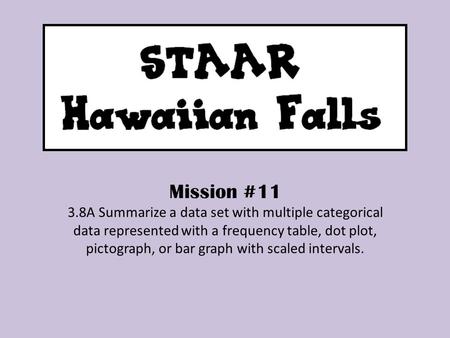 Mission #11 3.8A Summarize a data set with multiple categorical data represented with a frequency table, dot plot, pictograph, or bar graph with scaled.