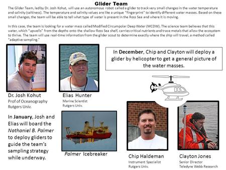Glider Team Dr. Josh Kohut Prof of Oceanography Rutgers Univ. Elias Hunter Marine Scientist Rutgers Univ. Palmer Icebreaker Chip Haldeman Instrument Specialist.