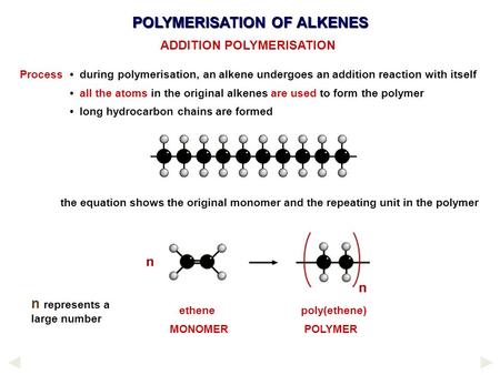 POLYMERISATION OF ALKENES Process during polymerisation, an alkene undergoes an addition reaction with itself all the atoms in the original alkenes are.