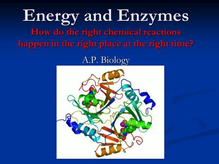 Energy and Enzymes How do the right chemical reactions happen in the right place at the right time? A.P. Biology.