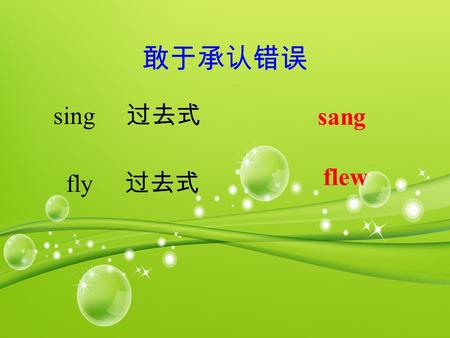 敢于承认错误 sing 过去式 sang fly 过去式 flew. 热身练习 上个周末 下个周末 本周末 在周末 last weekend next weekend this weekend at the weekend on weekends.