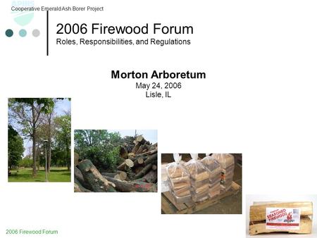 2006 Firewood Forum Roles, Responsibilities, and Regulations Cooperative Emerald Ash Borer Project Morton Arboretum May 24, 2006 Lisle, IL 2006 Firewood.