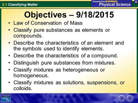 2.1 Classifying Matter Objectives – 9/18/2015 Law of Conservation of Mass Classify pure substances as elements or compounds. Describe the characteristics.