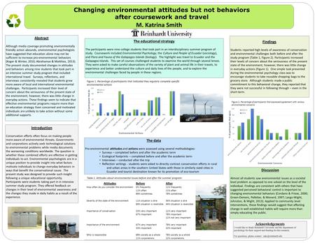 Changing environmental attitudes but not behaviors after coursework and travel M. Katrina Smith The data Pro-environmental attitudes and actions were assessed.