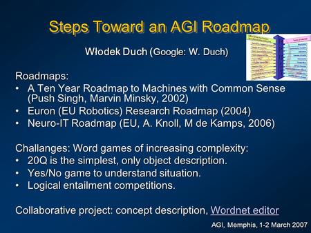 Steps Toward an AGI Roadmap Włodek Duch ( Google: W. Duch) AGI, Memphis, 1-2 March 2007 Roadmaps: A Ten Year Roadmap to Machines with Common Sense (Push.