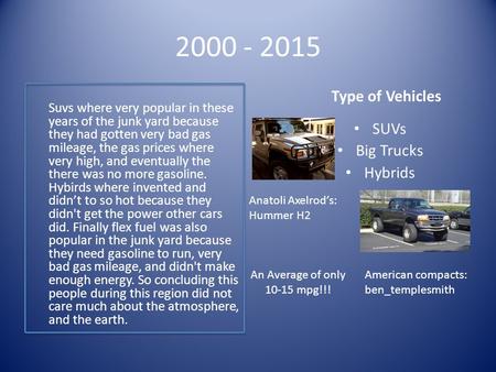 2000 - 2015 Suvs where very popular in these years of the junk yard because they had gotten very bad gas mileage, the gas prices where very high, and eventually.