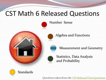 Number Sense Standards Measurement and Geometry Statistics, Data Analysis and Probability CST Math 6 Released Questions Algebra and Functions 0 Questions.