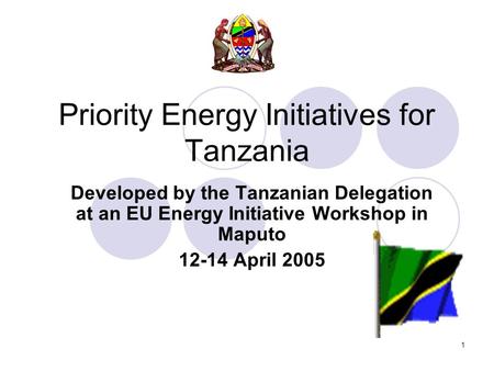 1 Priority Energy Initiatives for Tanzania Developed by the Tanzanian Delegation at an EU Energy Initiative Workshop in Maputo 12-14 April 2005.