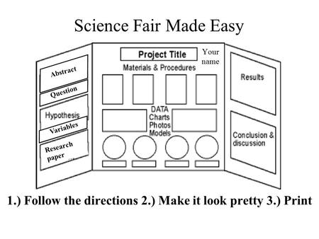 Science Fair Made Easy Abstract Question Variables Research paper 1.) Follow the directions 2.) Make it look pretty 3.) Print Your name.