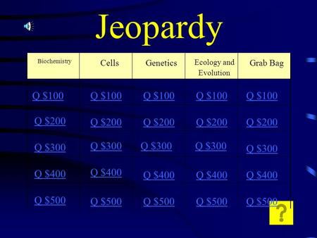 Jeopardy CellsGenetics Ecology and Evolution Grab Bag Q $100 Q $200 Q $300 Q $400 Q $500 Q $100 Q $200 Q $300 Q $400 Q $500 Biochemistry.