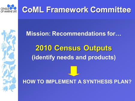 CoML Framework Committee Mission: Recommendations for… 2010 Census Outputs (identify needs and products) HOW TO IMPLEMENT A SYNTHESIS PLAN?