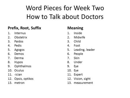 Word Pieces for Week Two How to Talk about Doctors
