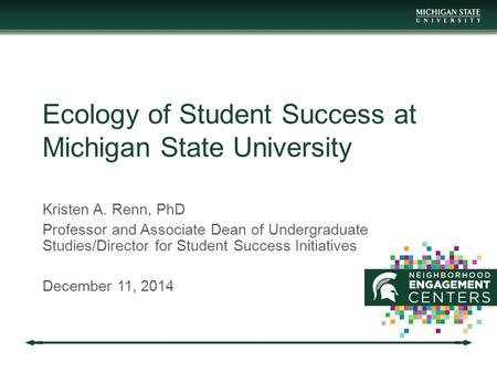 Ecology of Student Success at Michigan State University Kristen A. Renn, PhD Professor and Associate Dean of Undergraduate Studies/Director for Student.