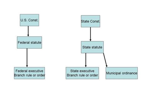 U.S. Const. Federal statute State Const. Federal executive Branch rule or order State statute Municipal ordinance State executive Branch rule or order.