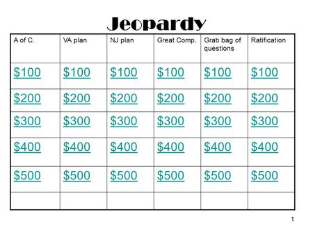 1 Jeopardy A of C.VA planNJ planGreat Comp.Grab bag of questions Ratification $100 $200 $300 $400 $500.